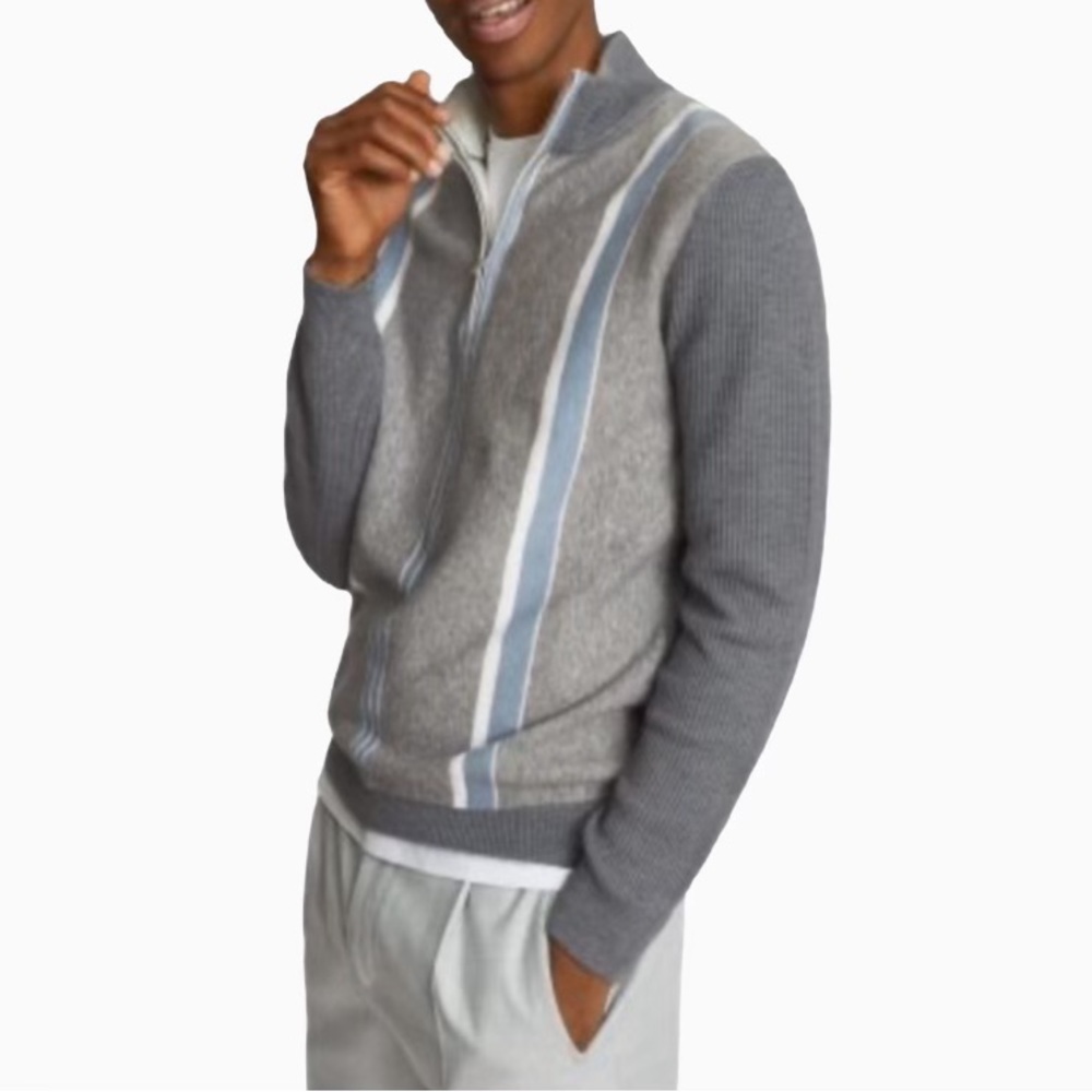 REISS Mosel Color Blocked Quarter Zip Striped Sweater. Medium / Large